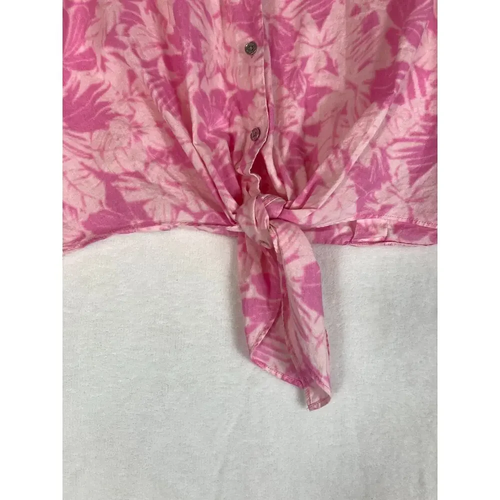 Michael Kors XL‎ Cropped Shirt Top Women Tie Dye Floral Print Pink Barbie
